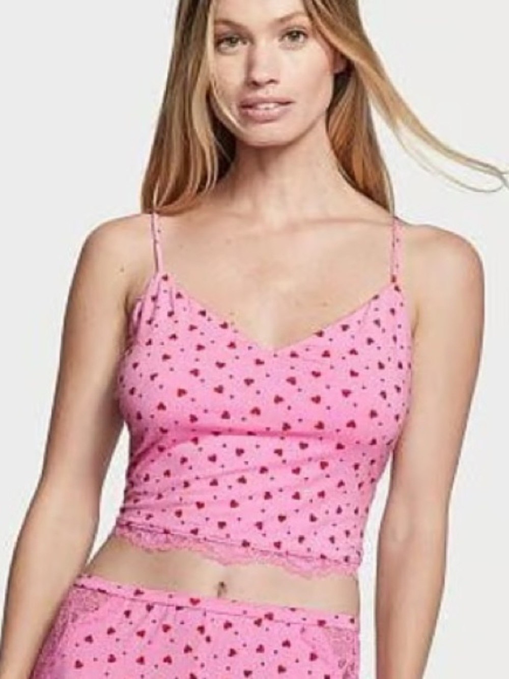 Victoria’s Secret cropped modal & lace pink/red heart print cami tank top